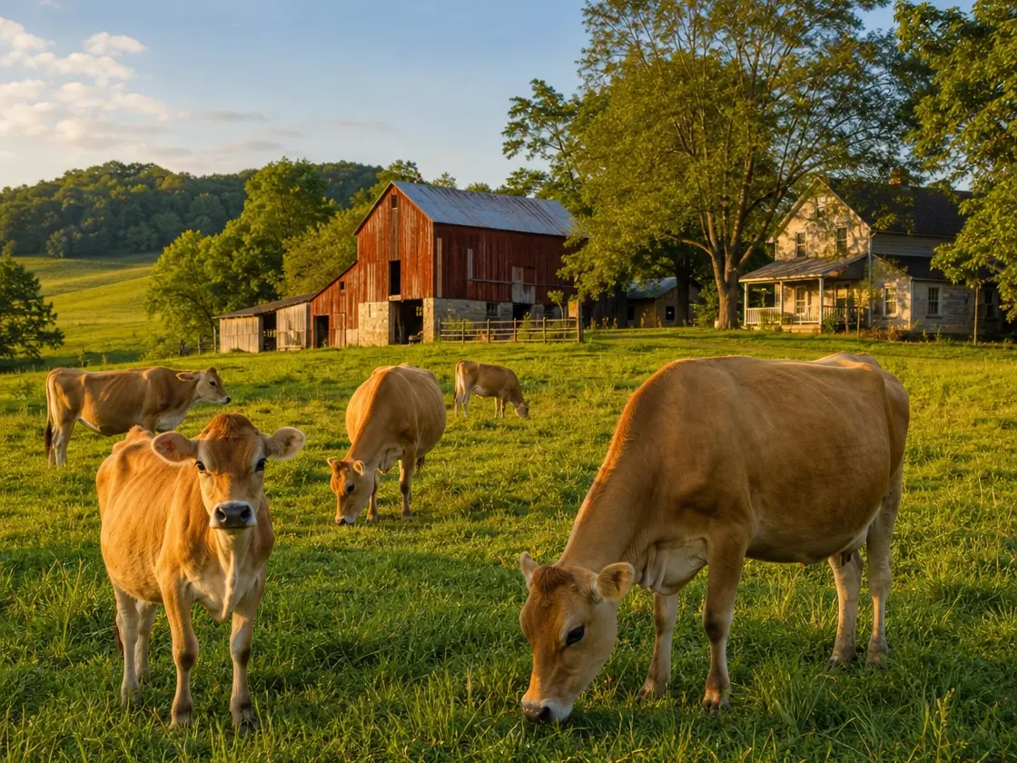 Jersey cows grazing in front of a red barn and farmhouse on a Tennessee homestead at golden hour