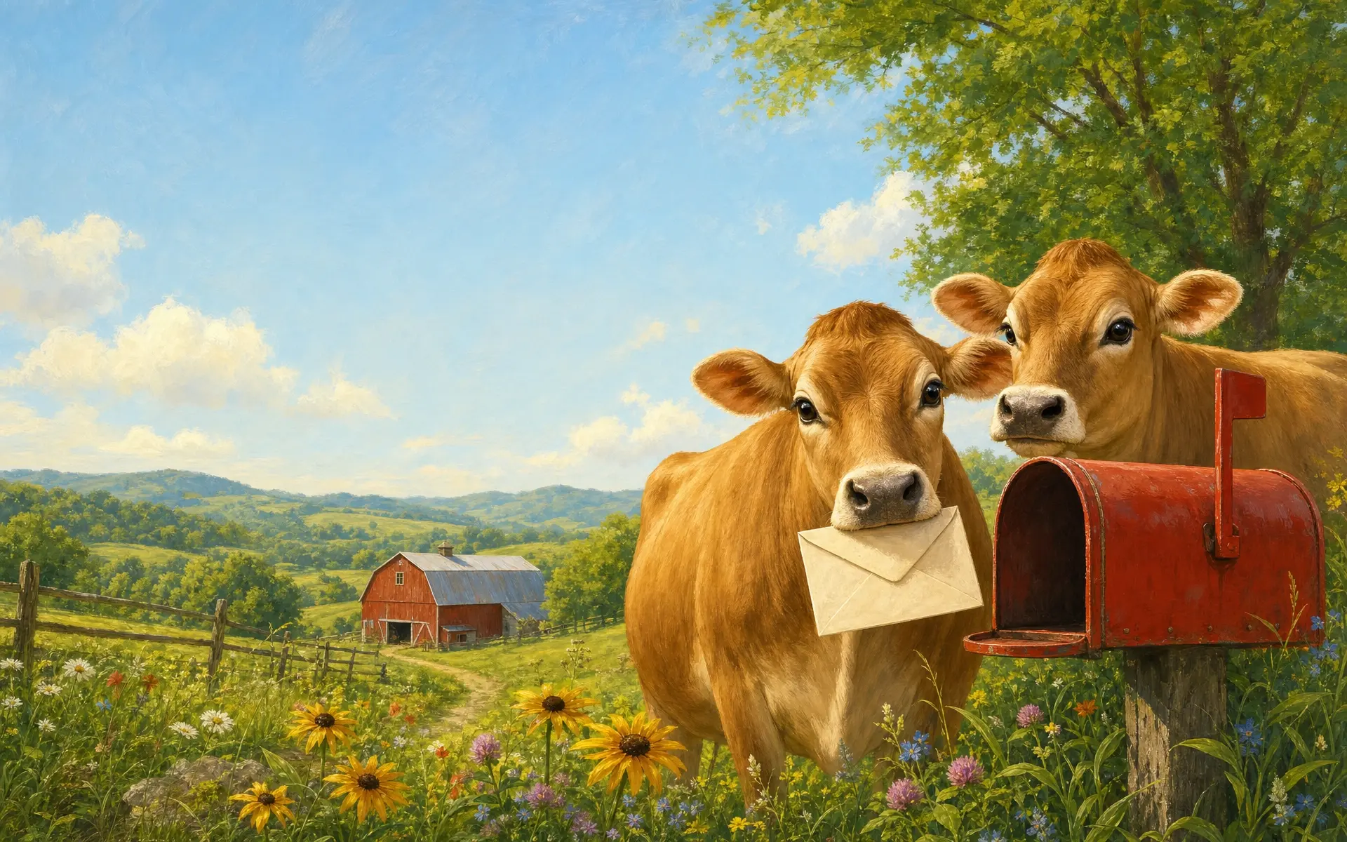 Two friendly Jersey cows by a red mailbox on a sunny Tennessee homestead, one holding a letter