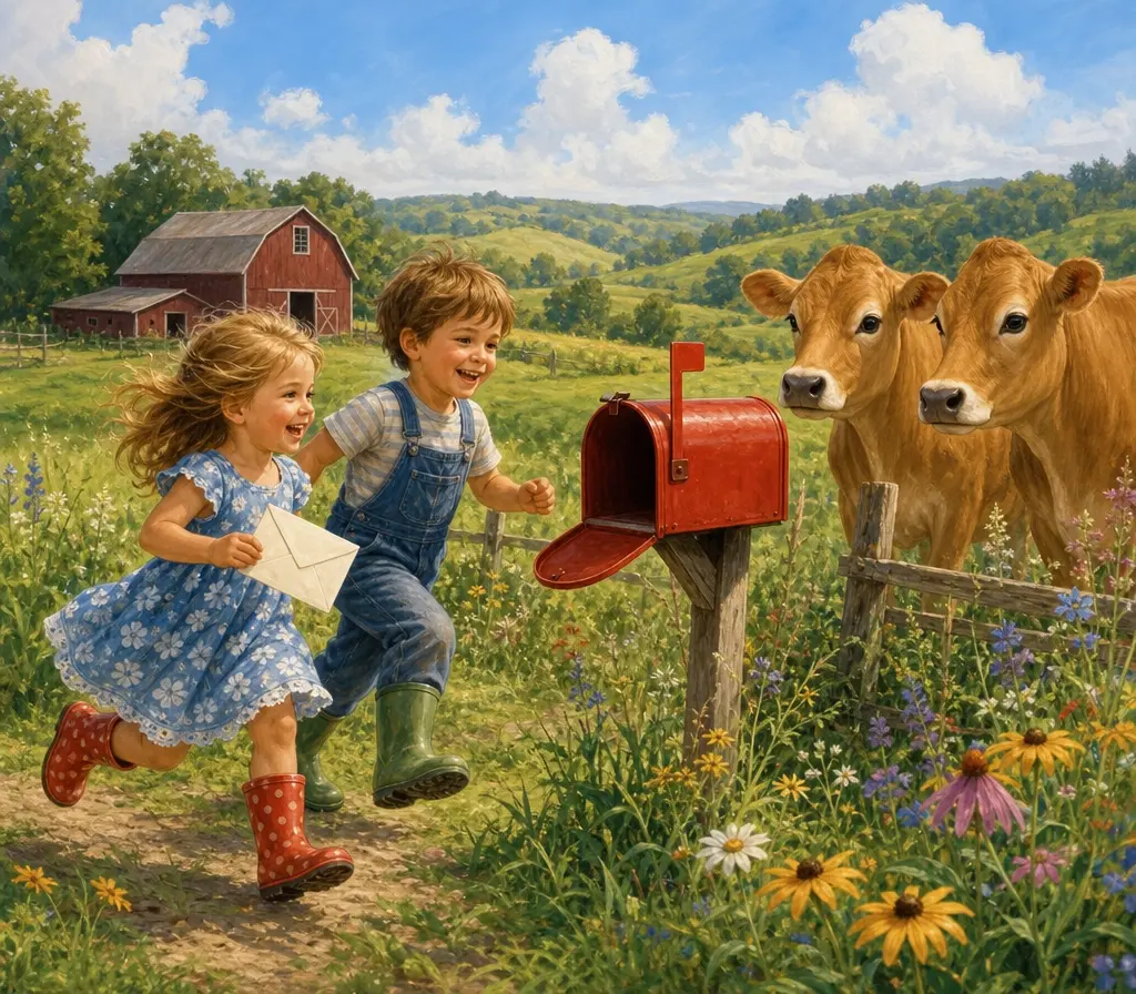 Two children running to a red mailbox on a sunny homestead with Jersey cows nearby
