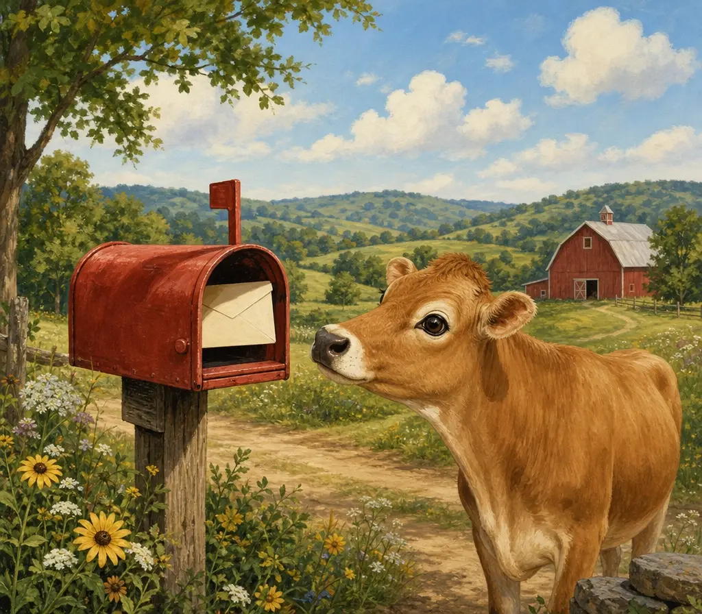 A cozy red mailbox with a cream envelope and a curious Jersey cow on a sunny Tennessee homestead